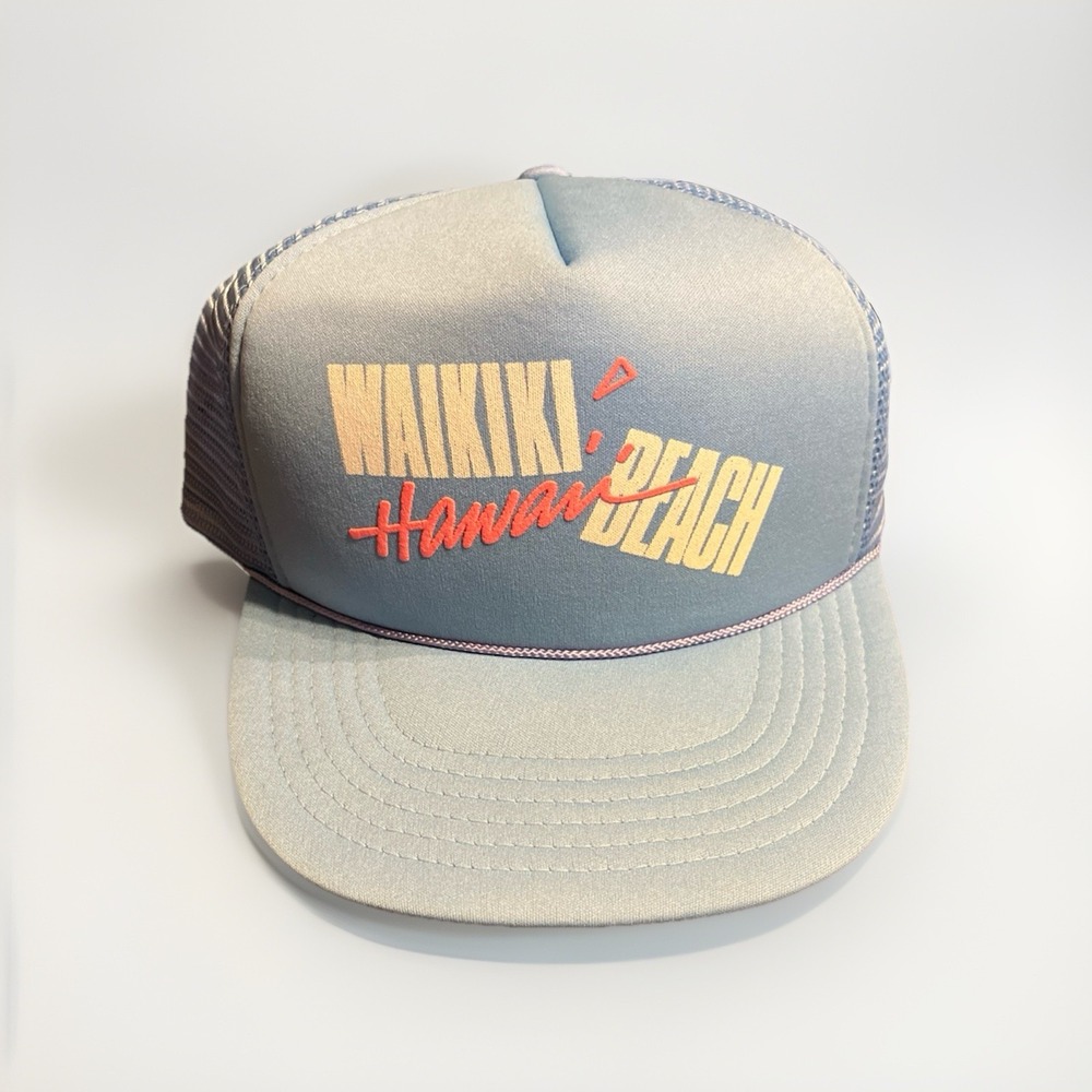 1980s VTG Waikiki Beach Hawaii Mesh Baseball Trucker Hat Cap‎ Baby Blue READ